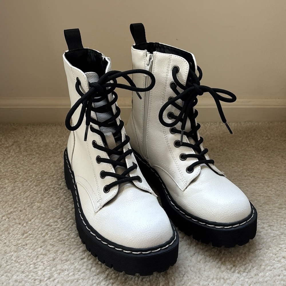 White Platform Combat Boots with Black Laces Size 6
